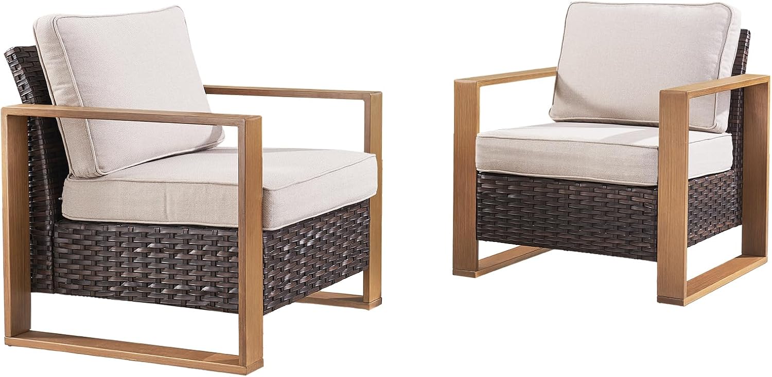 Rilyson Wicker Outdoor Patio Chairs Set of 2, Rattan Patio Furniture Chairs with Sturdy Frame,All-Weather PE Wicker,Wide Armrest,Deep Seating and Thick Cushions for Deck Porch Garden(Brown/Beige)