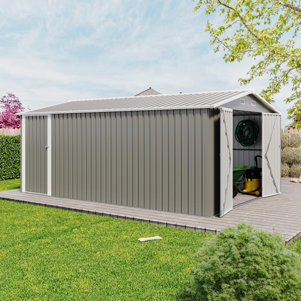 10x14FT Metal Garden Shed - Lockable Outdoor Storage Shed, Heavy-Duty Storage Sheds for Backyard Patio, Sheds & Outdoor Storage (Light Gray)
