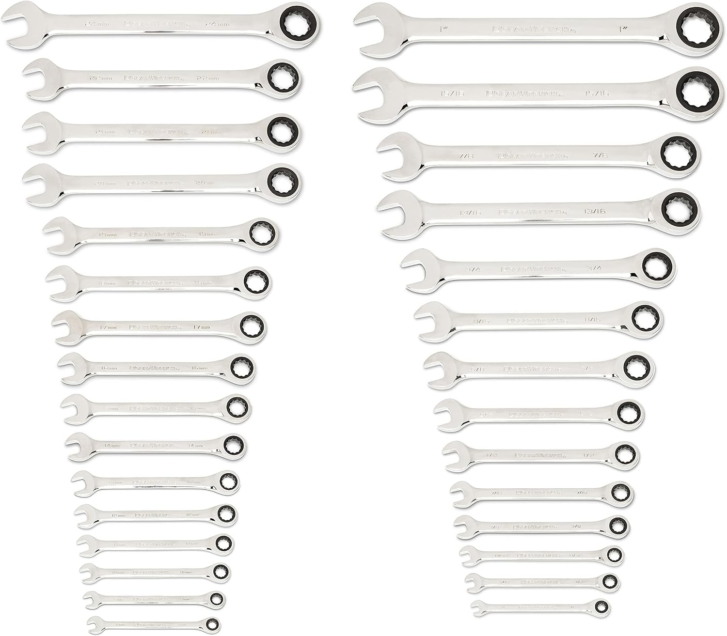 GEARWRENCH 30 Piece 12 Point Ratcheting Combination SAE/Metric (1/4-1 in., 8-24 mm) Wrench Set with Wrench Racks - 86702