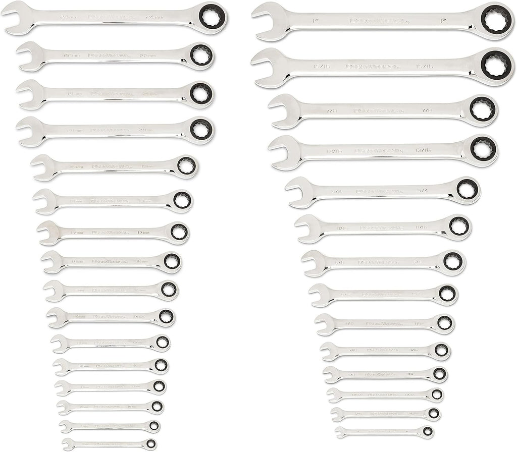 GEARWRENCH 30 Piece 12 Point Ratcheting Combination SAE/Metric (1/4-1 in., 8-24 mm) Wrench Set with Wrench Racks - 86702 (Pack of 2)