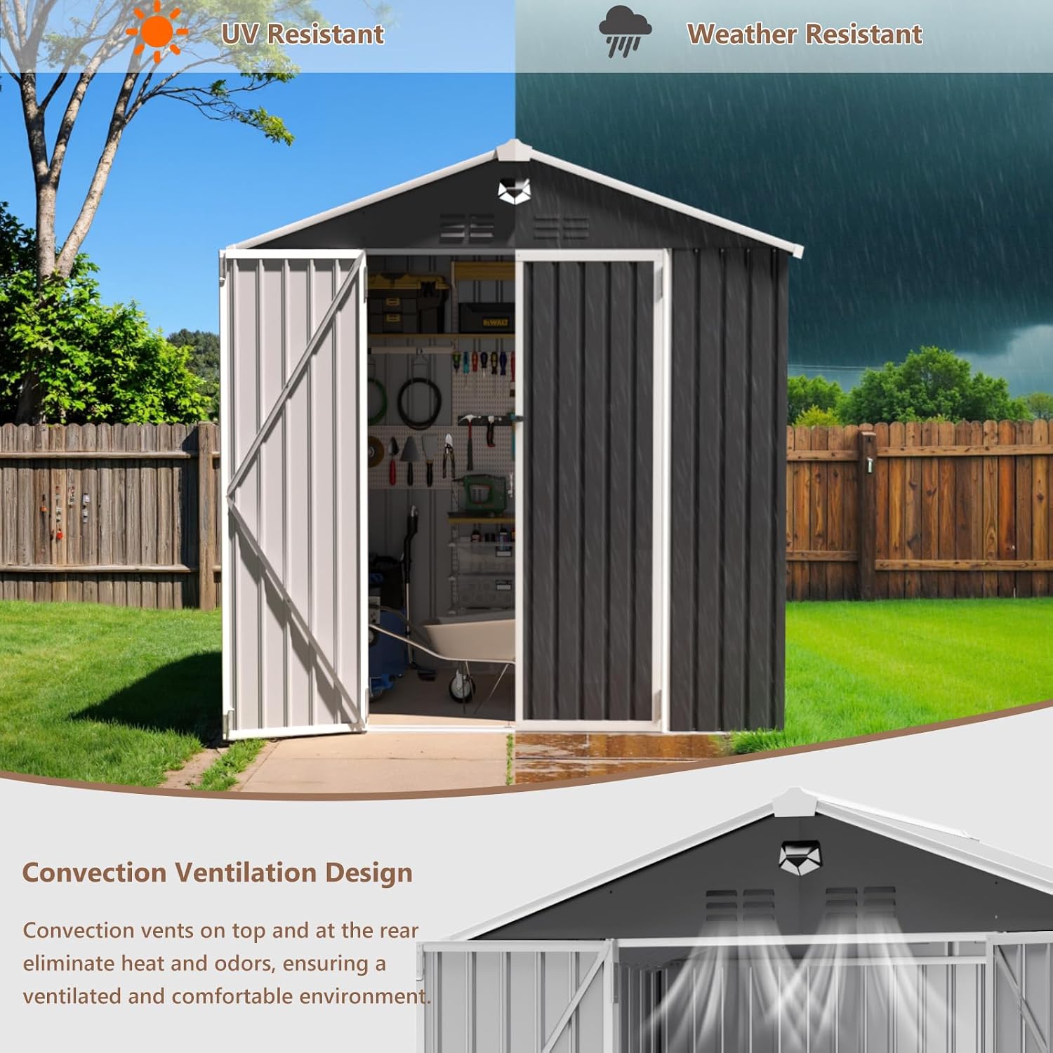 8X6 FT Outdoor Storage Shed, Metal Garden Shed, Storage Tool Sheds with Lockable Doors, Waterproof Outside Storage Building for Backyard, Patio (Black; Floor Not Included)