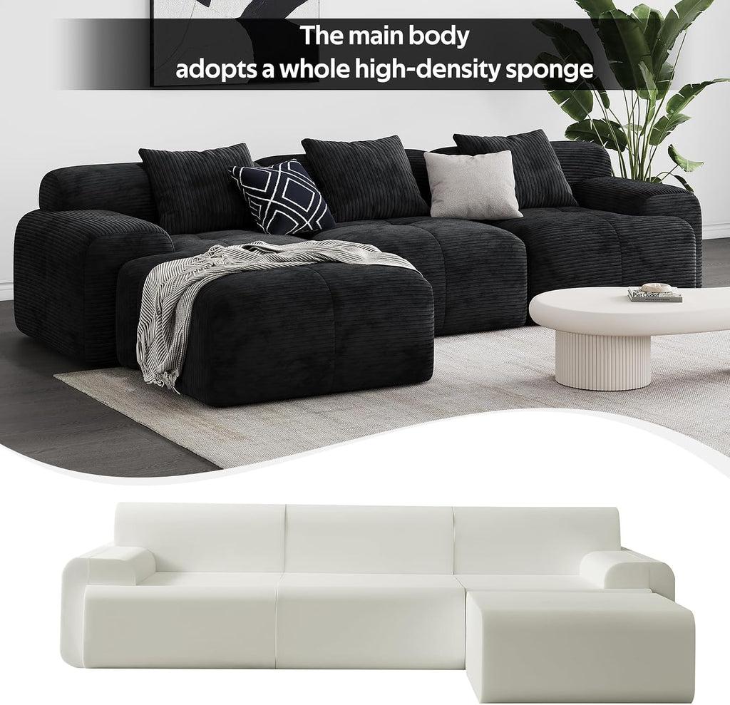Modern L-Shaped Modular Sectional Sofa for Living Room，Oversized 3-Seater Couch with Deep Seat and Movable Ottoman – No Assembly,Comfortable Corduroy Fabric Boneless Sofa(Dark Gray) (Black)