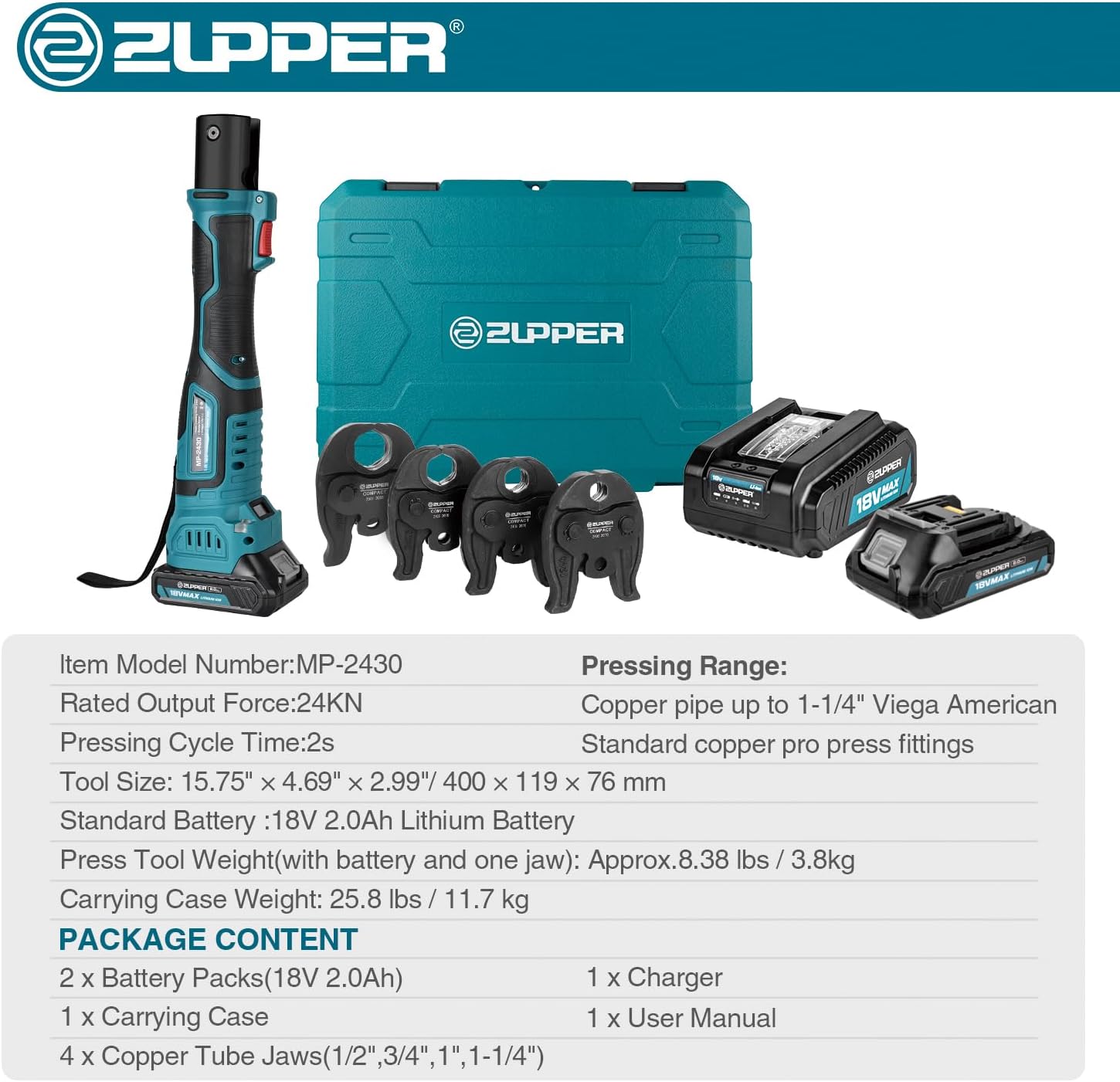 ZUPPER Press Tool, 18V Electric Pipe Crimping Tool for 1/2' to 1-1/4' Copper Pipes, Compact Press Tool Kit Suitable for Copper ProPress fittings - with Brushless Motor, 4 VUS Press Jaws, 2pcs Battery