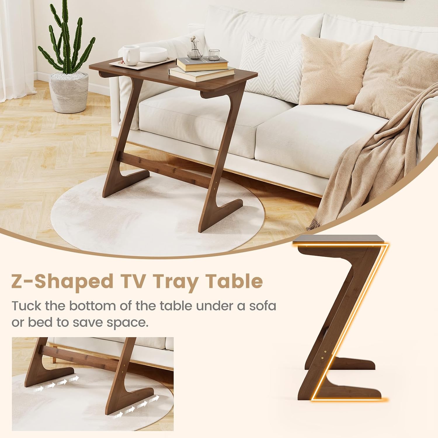 Giantex Bamboo TV Tray Table Set of 2, Z Shaped Sofa Couch Side Table for Eating Snacks Coffee Laptop, Modern TV Dinner Tables for Small Spaces, Small End Table for Living Room Bedroom, Walnut