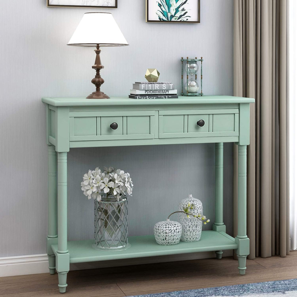 Bellemave Console Table with Drawers, Retro Entryway Table with 2 Drawers and Open Storage Shelf, Narrow Long Sofa Table, Behind Couch Table for Living Room, Foyer and Hallway, Retro Blue