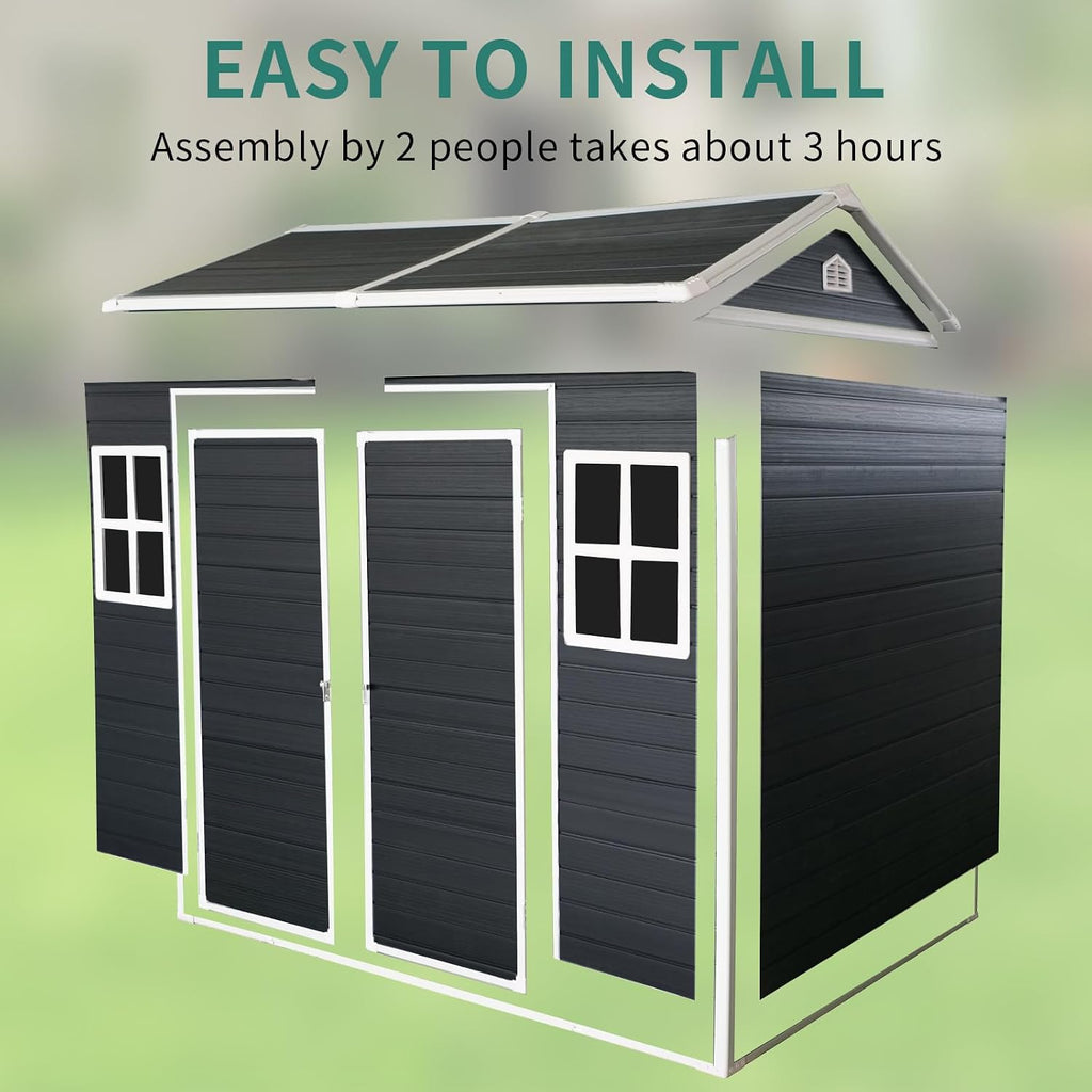 Outdoor Resin Garden Shed with Double Doors, Floor and 2 Windows, Plastic Patio Outdoor Storage Shed with Lockable Door for Garden Tools, Bicycles, Trash Cans