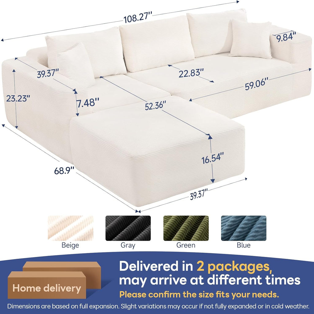 Brage Living 2025 New 108' Cloud Couch Sectional, Comfy Boneless Modular Sectional Sofa with L-Shaped Chaise, Deep Seat Couch for Living Room, No Assembly Required (Beige, Chaise Ottoman)