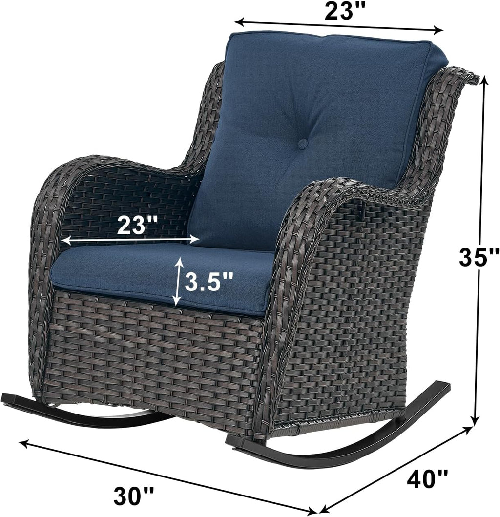 Rilyson Patio Chairs Outdoor Rocking Chair - 2 Piece Wicker Rattan Rocker Chairs Set with High Back and Deep Seating for Porch Deck Garden Backyard(Brown/Blue)