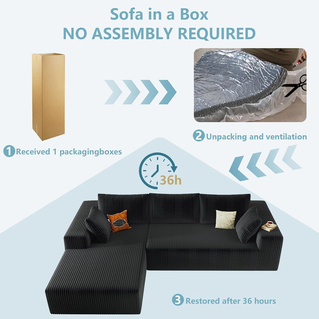 96' Cloud Sectional Couch with L-Shape Chaise, Modern Corduroy Boneless Couch for Living Room,Memory Foam Sofa with Deep Seat,No Assembly Required (Black,Left-Facing Chaise)