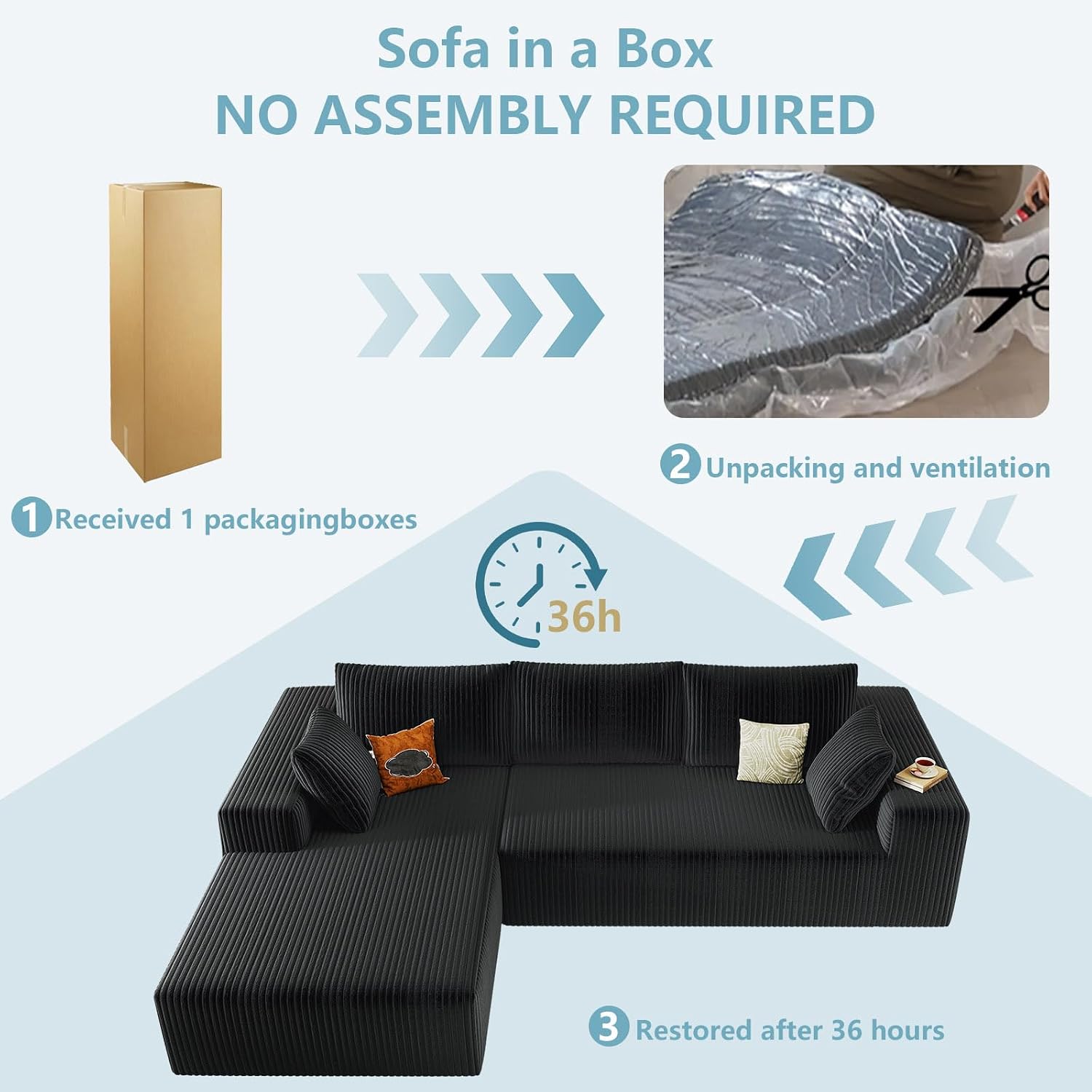 96' Cloud Sectional Couch with L-Shape Chaise, Modern Corduroy Boneless Couch for Living Room,Memory Foam Sofa with Deep Seat,No Assembly Required (Black,Left-Facing Chaise)