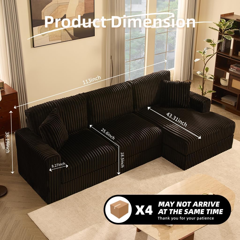 Cloud Couch 113' L-Shaped Couch (Not Boneless), 3-Seater Modular Sectional Couch, Queen Sofa with Corduroy Upholstery, Deep Seats, High Backrest & Pocket Spring Cushions, Right Facing Chaise, Black