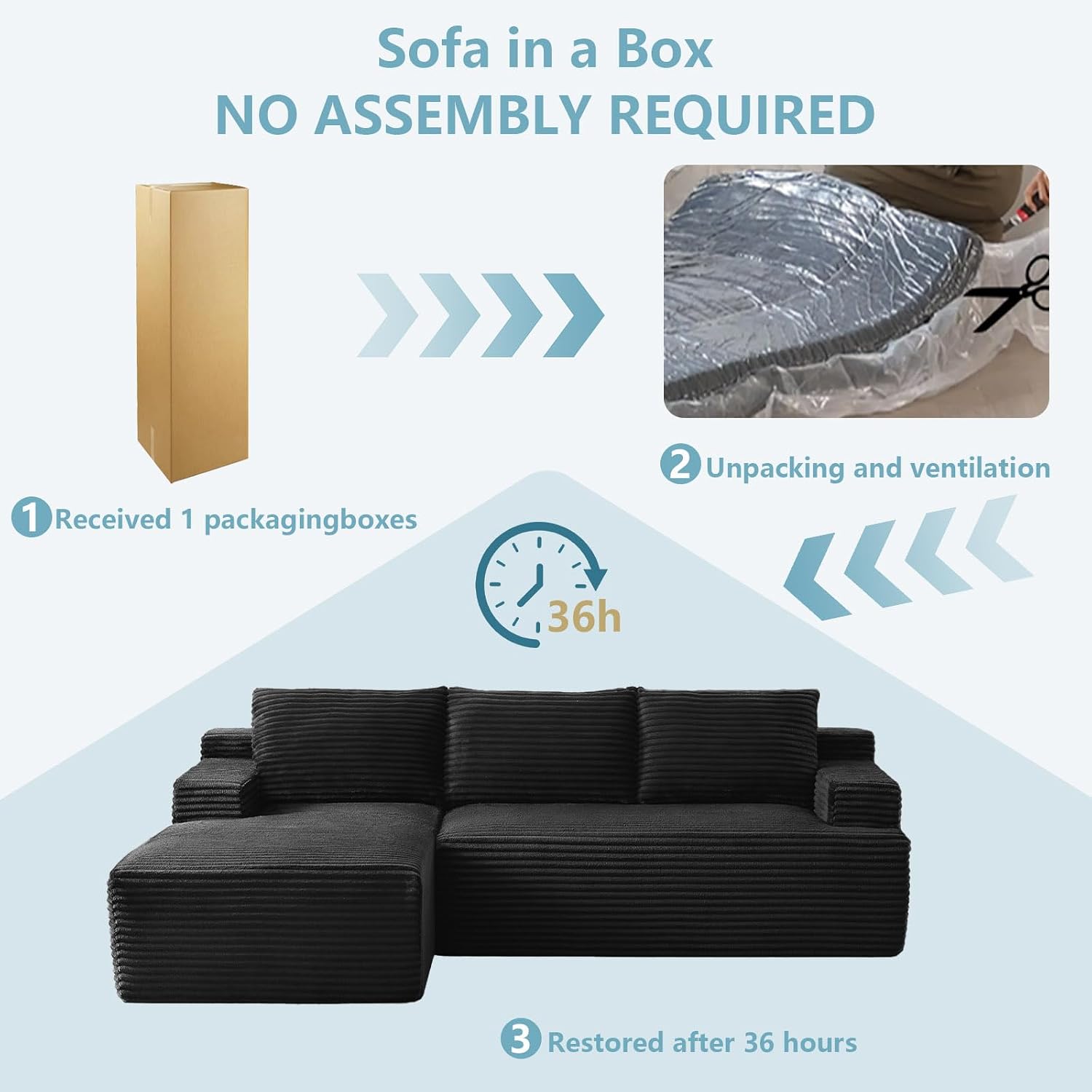 96' Cloud Sectional Couch with L-Shape Chaise, Modern Corduroy Boneless Couch for Living Room,Memory Foam Sofa with Deep Seat,No Assembly Required (Black,Left-Facing Chaise)