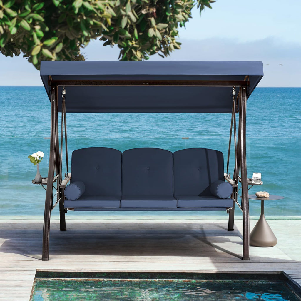 HOMREST 3 Person Outdoor Porch Swing with 1.5' Upgraded Cup Holder, Adjustable Canopy, Backrest, Patio Swing Bed with Weather Resistant Steel Frame, Cushions for Garden,Deck and Poolside(Blue)