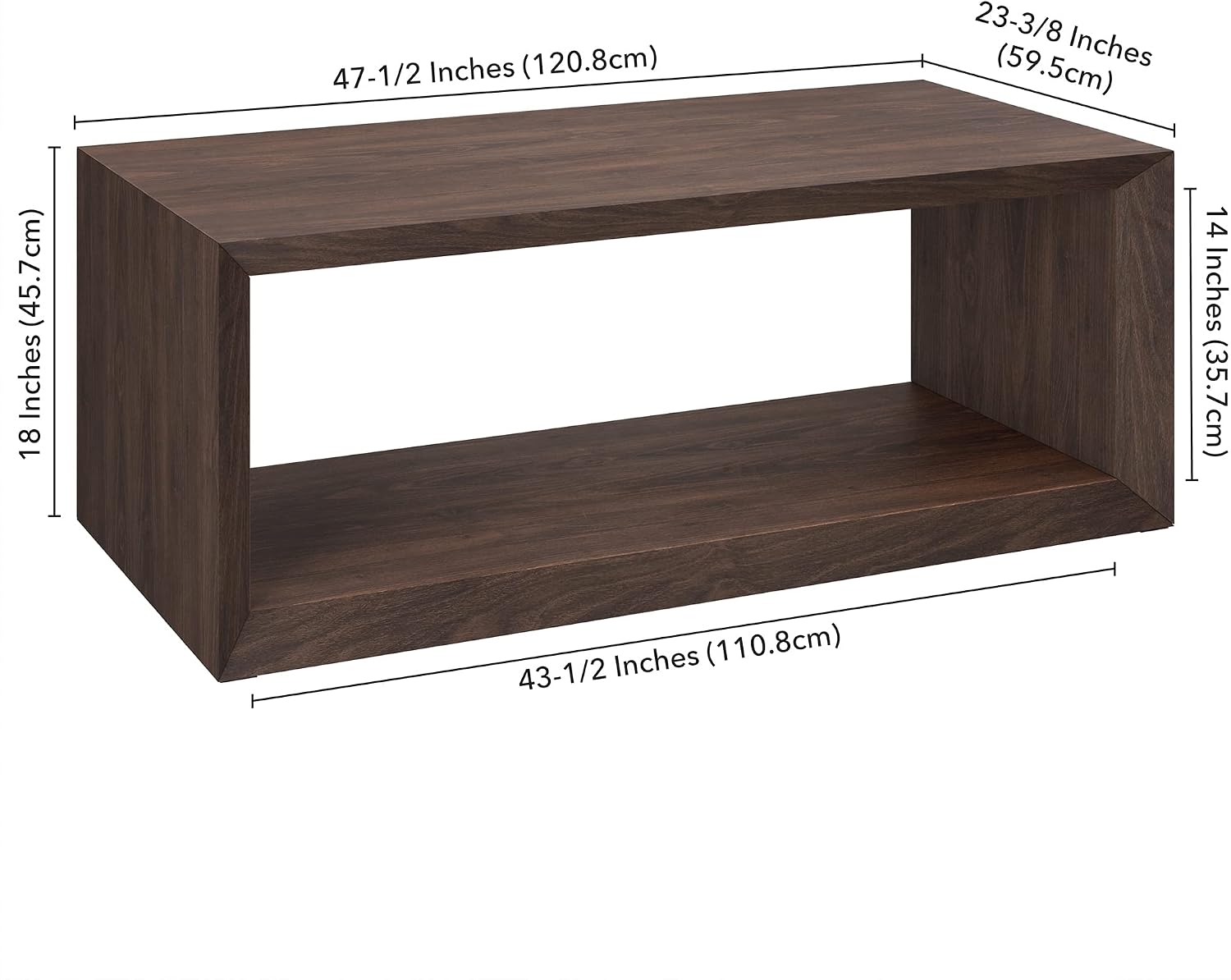 Henn&Hart 48' Rectangular Wood Coffee Table with Open Storage Shelf for Living Room, Family Room, or Office, Alder Brown