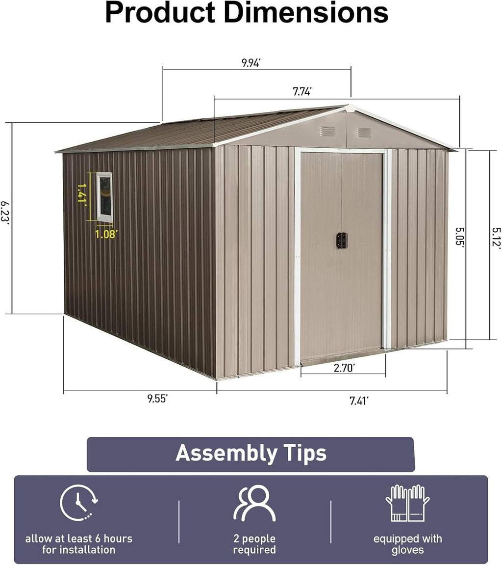 8x10 ft Outdoor Metal Storage Shed with Floor Foundation and Window, Lockable Galvanized Steel Tool Shed with Sliding Door and Air Vent, Waterproof Garden Storage House for Backyard, Patio