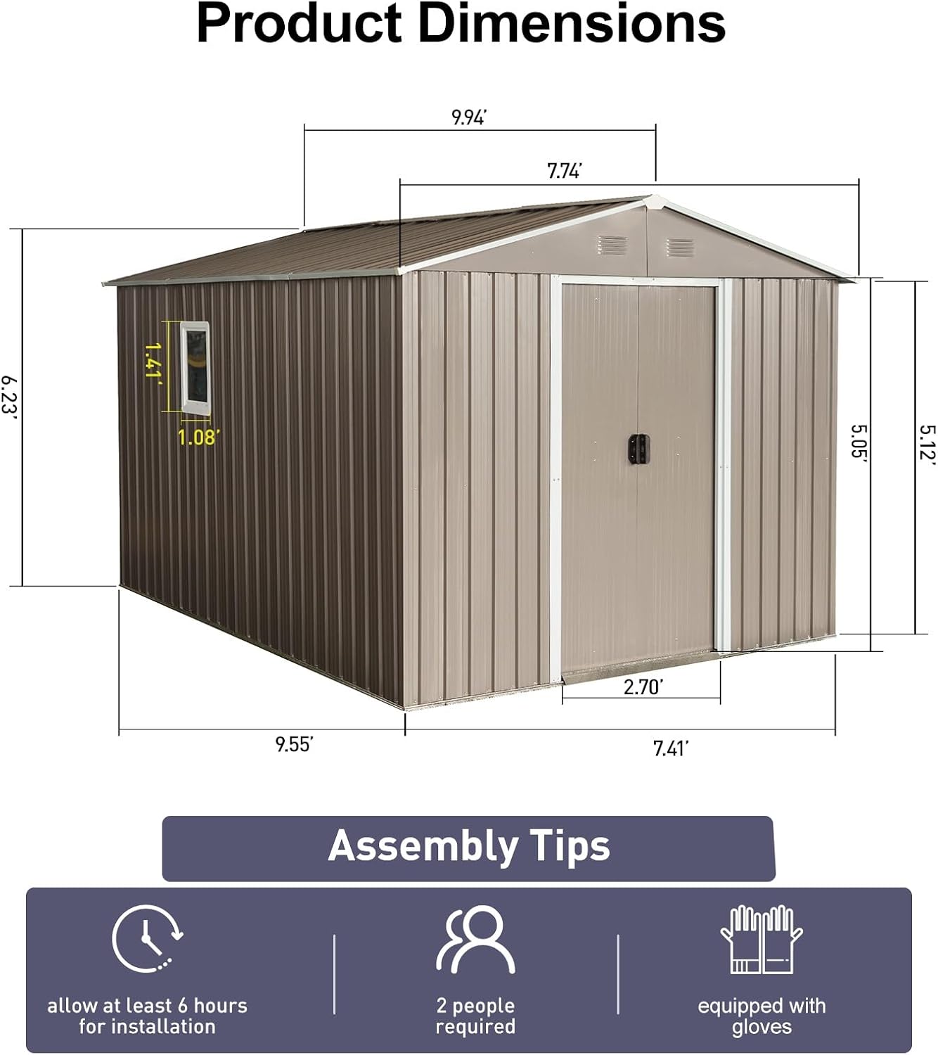 8x10 ft Outdoor Metal Storage Shed with Floor Foundation and Window, Lockable Galvanized Steel Tool Shed with Sliding Door and Air Vent, Waterproof Garden Storage House for Backyard, Patio