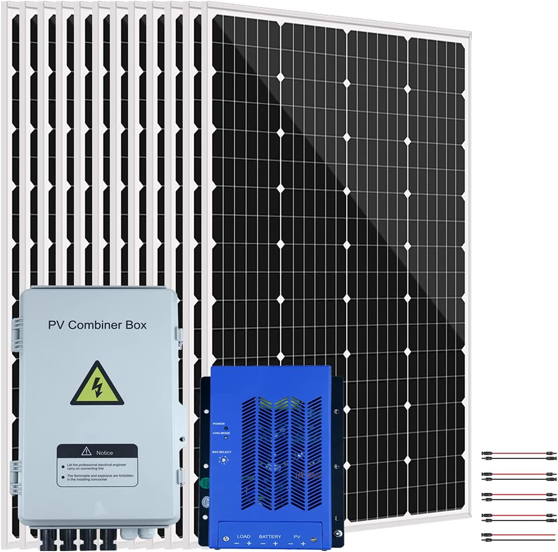 1440W Solar Panel Kit with MPPT Controller for 12V Battery: 12pcs 120W Monocrystalline Solar Panel + 4 String Combiner Box + 60A 12V/24V MPPT Charge Controller