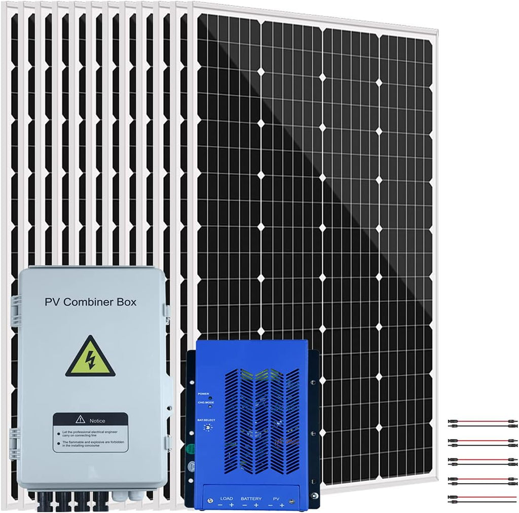 1440W Solar Panel Kit with MPPT Controller for 24V Battery: 12pcs 120W Monocrystalline Solar Panel + 4 String PV Combiner Box + 60A 12V/24V MPPT Charge Controller