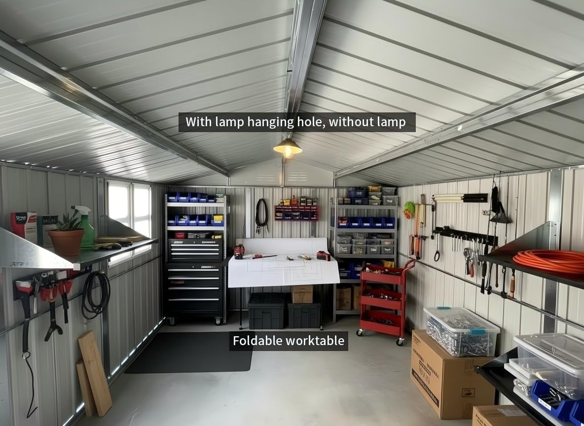 10x12 FT Outdoor Storage Shed, Large Metal Garden Shed with Window & Hinged Door, Upgraded Outside Tool Shed with Foldable Worktable & 2 Shelves, Waterproof Storage Building for Backyard, Brown+Black
