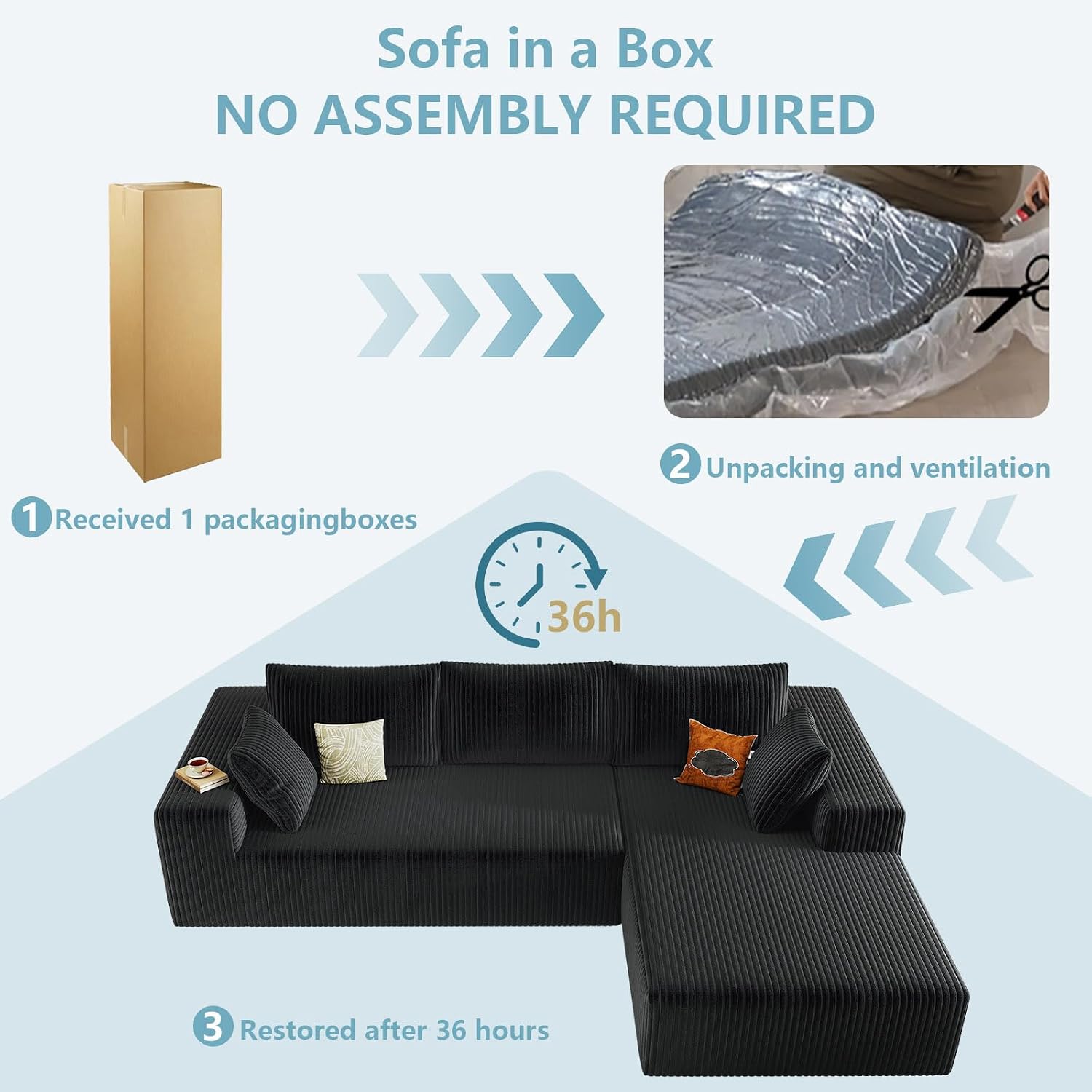 96' Cloud Sectional Couch with L-Shape Chaise, Modern Corduroy Boneless Couch for Living Room,Memory Foam Sofa with Deep Seat,No Assembly Required (Black,Right-Facing Chaise)