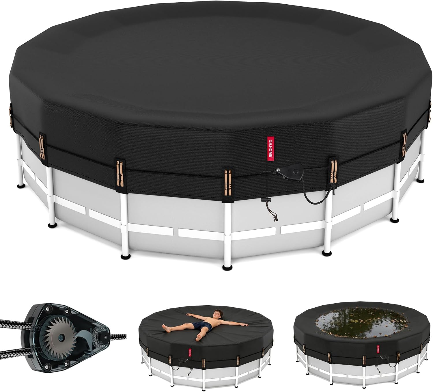 QH.HOME 28ft Round Pool Cover,[Ultimate Windproof & Tear-Resistant Fabric],Snug Fit with Patented Ratchet & Weight Rings,Solar Pool Cover for Above Ground Pools, Blocks Leaves &Waterproof