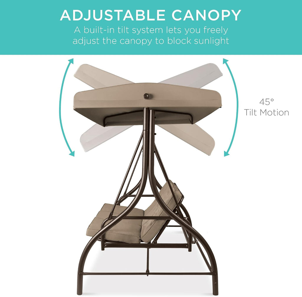 Best Choice Products 3-Seat Outdoor Large Converting Canopy Swing Glider, Patio Hammock Lounge Chair for Porch, Backyard w/Flatbed, Adjustable Shade, Removable Cushions - Desert Taupe