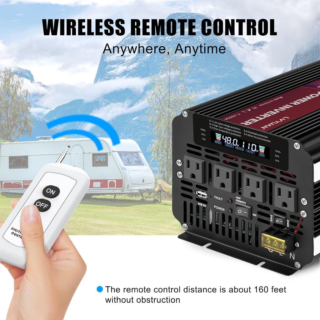 LVYUAN 5000 Watt Power Inverter 48V to 110V 120V for Vehicle, Solar Inverter System, Heavy Duty, RV, Truck, Off Grid,Camping with 4 AC Outlets, LCD Display, Wireless Remote Control, Car Power Inverter