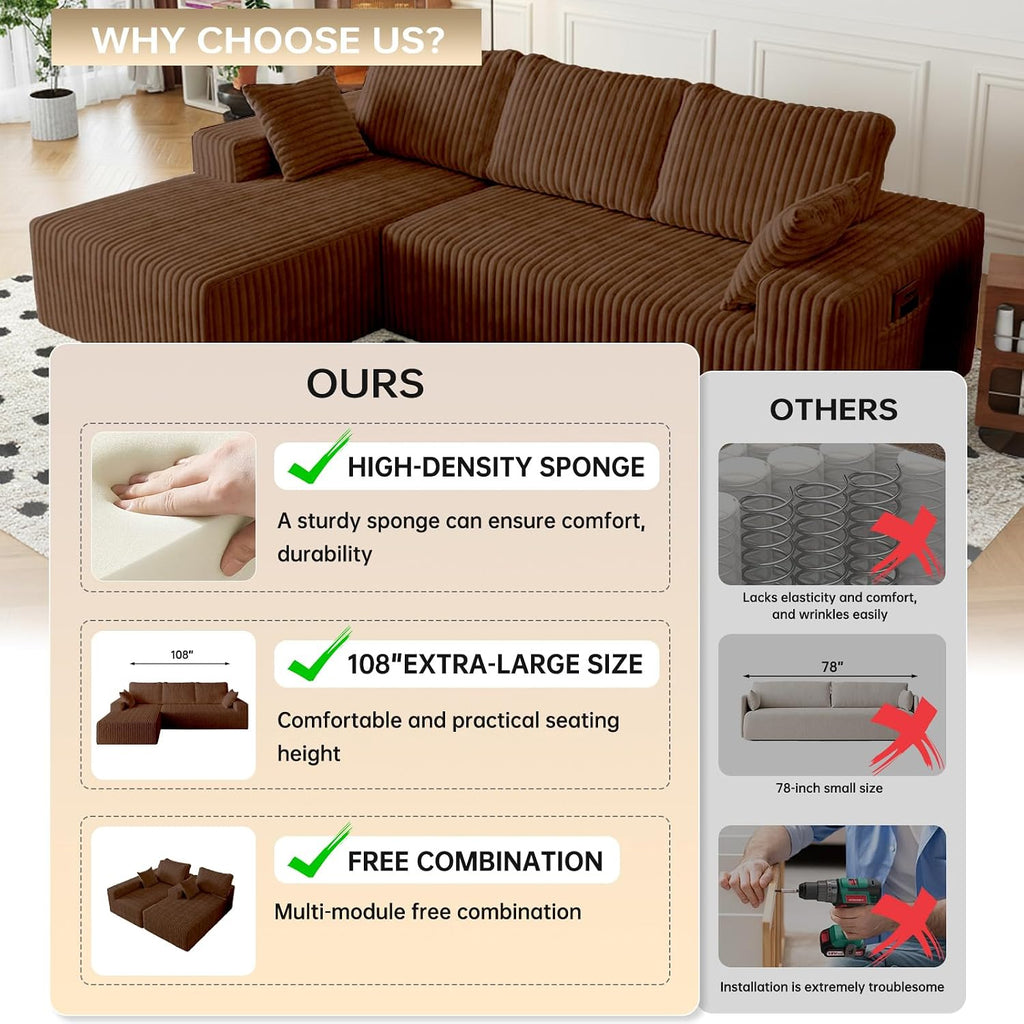 108' Brown Modular Sectional Cloud Couch for Living Room Deep Seat L Shapes Boneless Couch with Oversized Chaise Lounge, Comfy Memory Foam Flannel Fabric Sofa for Bedroom Apartment,