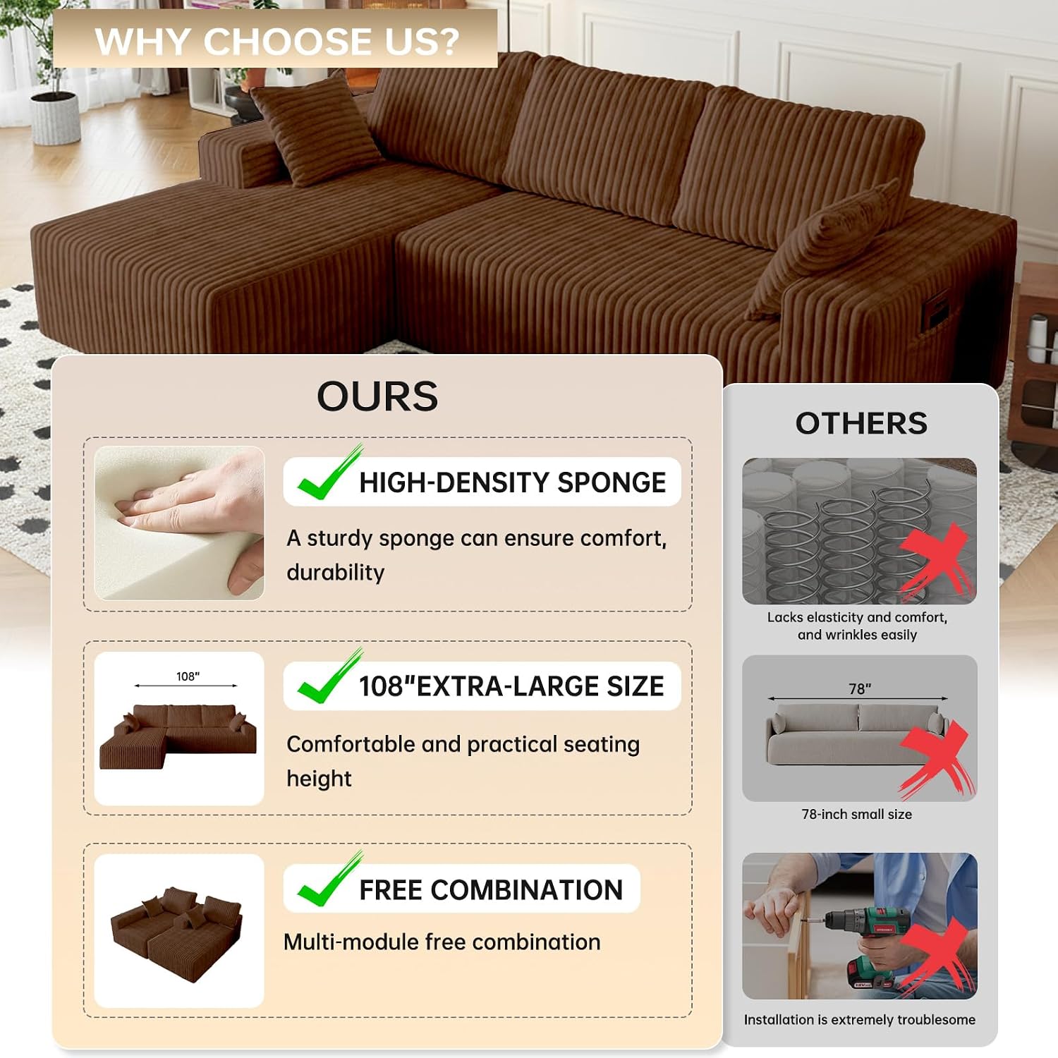 108' Brown Modular Sectional Cloud Couch for Living Room Deep Seat L Shapes Boneless Couch with Oversized Chaise Lounge, Comfy Memory Foam Flannel Fabric Sofa for Bedroom Apartment,