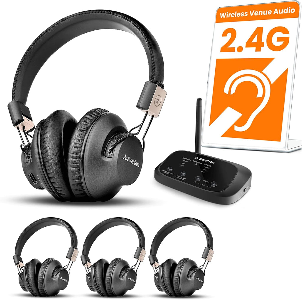 Avantree Quartet 2 - Wireless Group Listening Headphones & Transmitter for TV, Church, Classroom, Silent Discos, Plug & Play, 2.4GHz Expandable Multi-Headphone System with Low Latency & Clear Voice