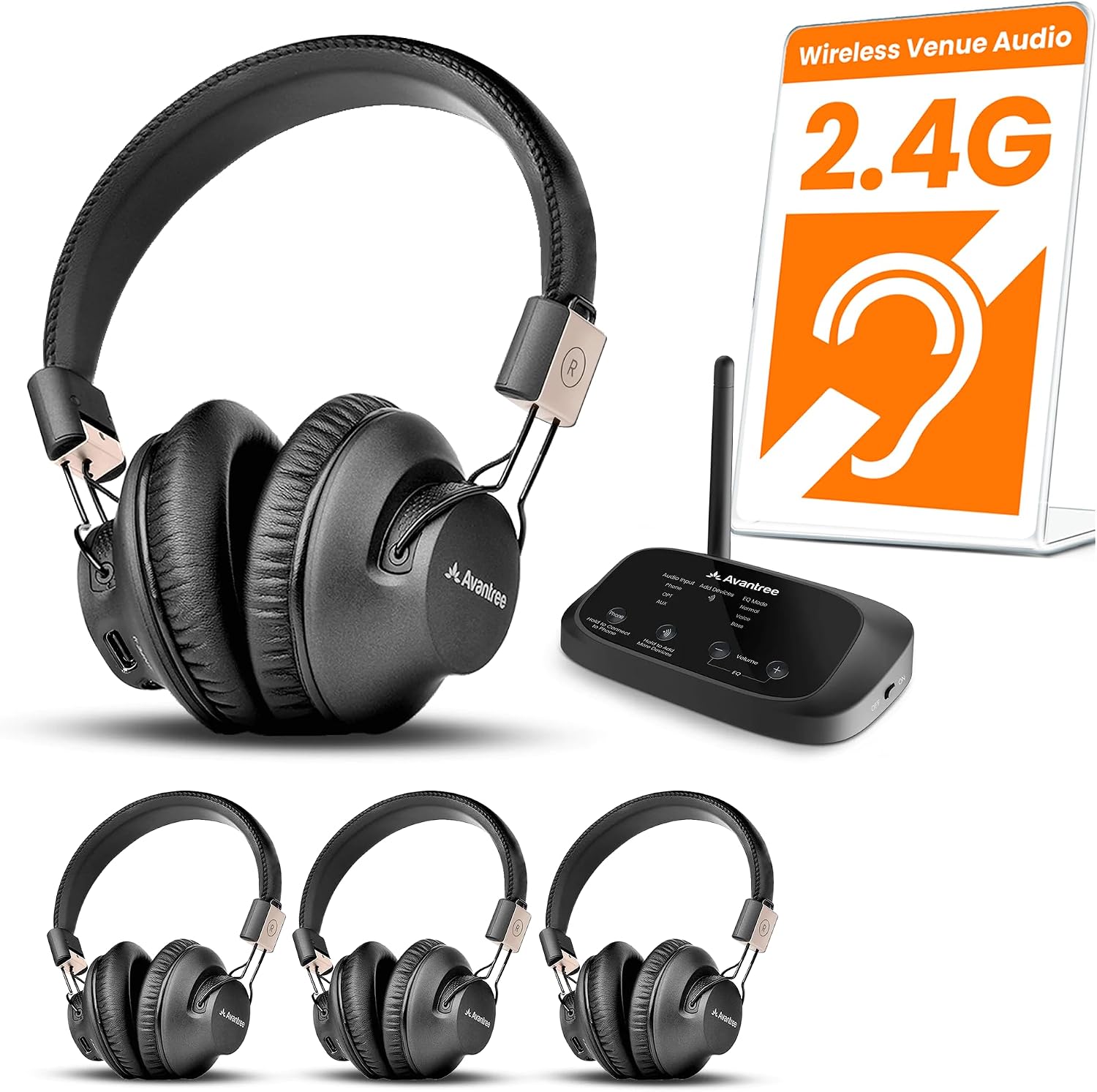 Avantree Quartet 2 - Wireless Group Listening Headphones & Transmitter for TV, Church, Classroom, Silent Discos, Plug & Play, 2.4GHz Expandable Multi-Headphone System with Low Latency & Clear Voice