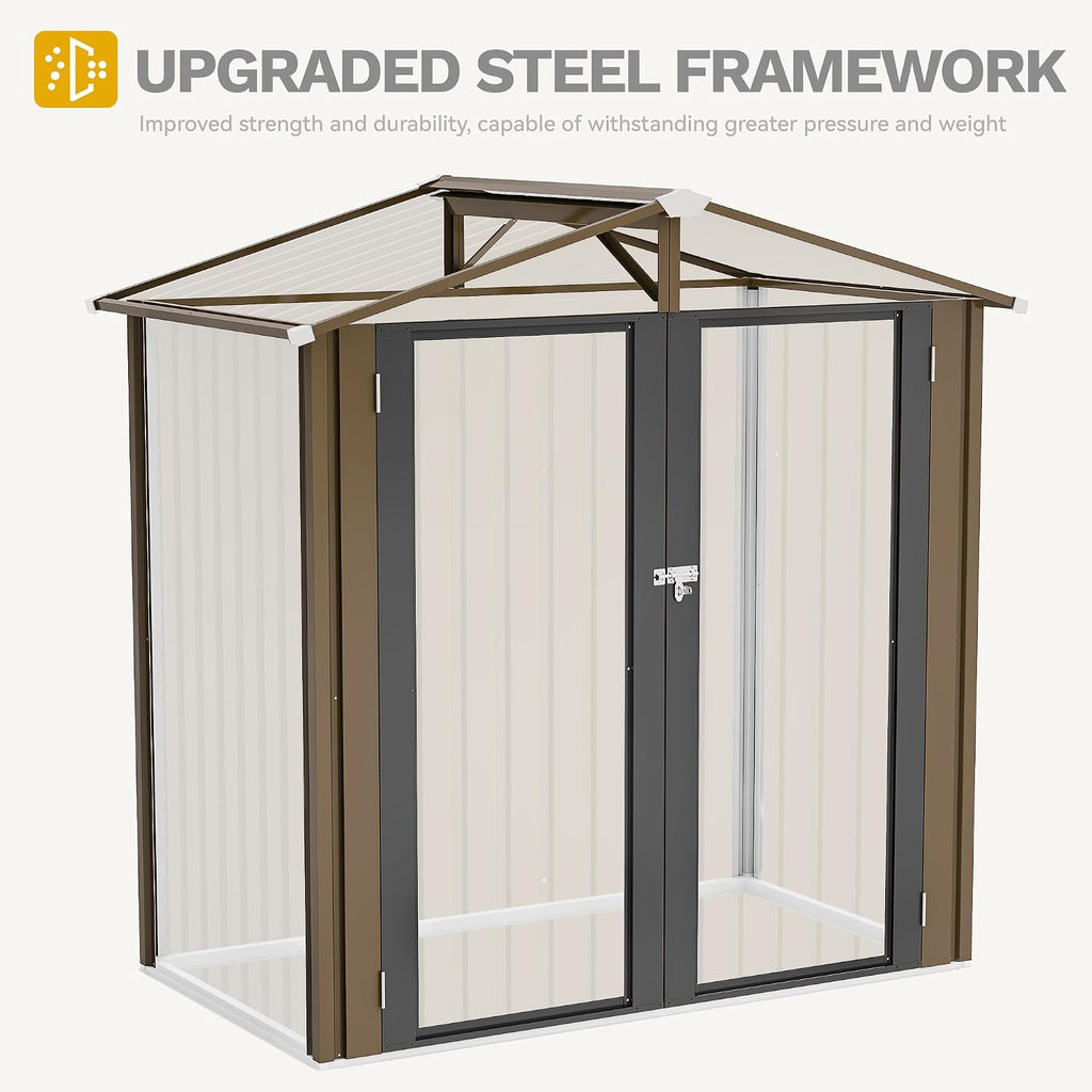 DWVO 6x4ft Metal Outdoor Tool Shed, Garden Storage Shed for Backyard, Lawn, and Patio, Heavy-Duty Storage Unit with Four Vents & Lockable Door for Storing Tools, Equipment & Trash Bins, Brown