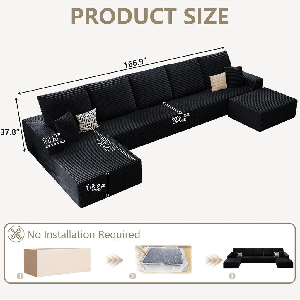 166.9' Cloud Sectional Couch with U-Shaped Chaise, Corduroy Sectional Sofa with Ottoman, Boneless Couch with Deep Seat in a Box for Living Room, No Assembly Required (Black, Left Facing Chaise)