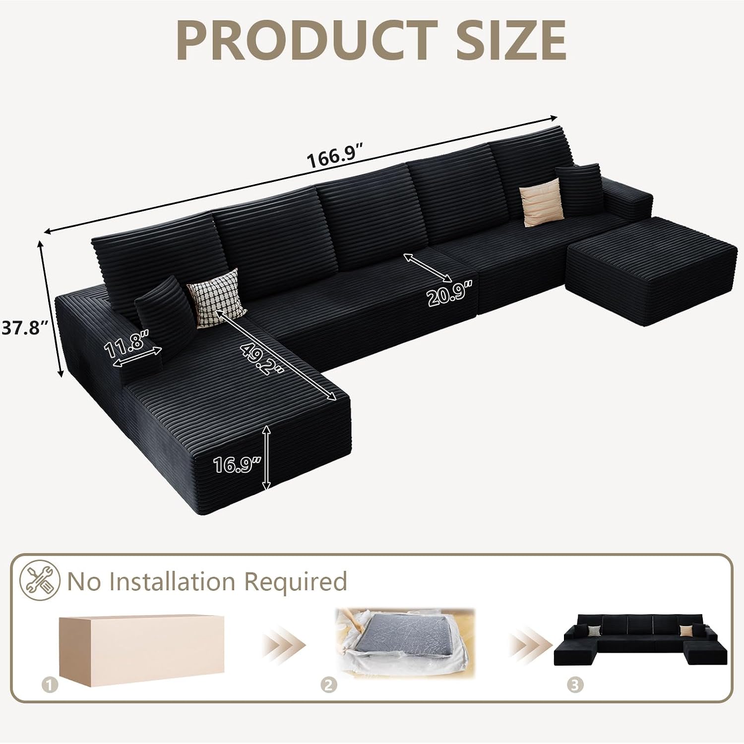 166.9' Cloud Sectional Couch with U-Shaped Chaise, Corduroy Sectional Sofa with Ottoman, Boneless Couch with Deep Seat in a Box for Living Room, No Assembly Required (Black, Left Facing Chaise)