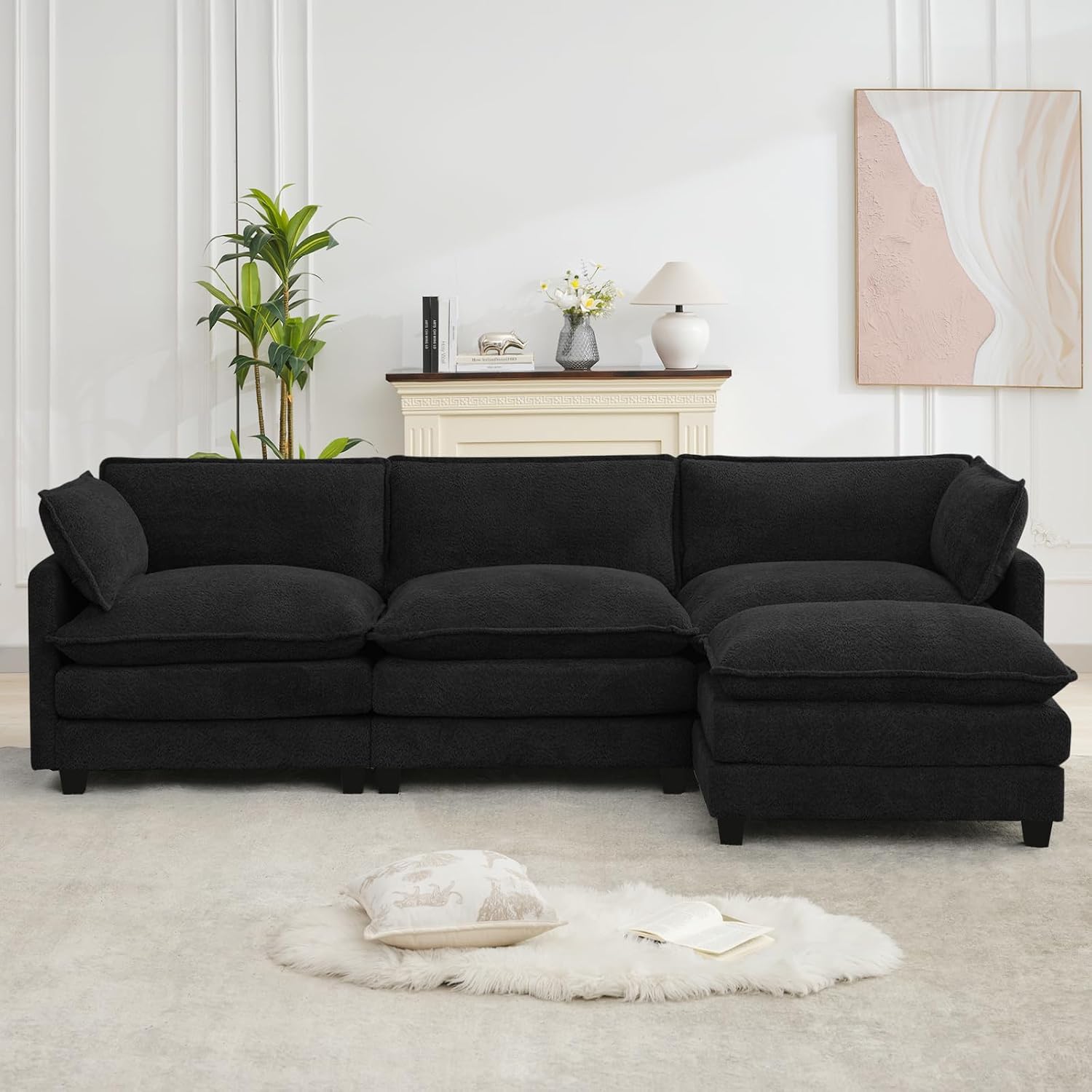 ROWHY Oversized Modular Sectional Couch with Movable Ottoman, 112' Modern Convertible L Shaped Sofa Set, 4 Seat Comfy Cloud Couch with 2 Throw Pillows, for Living Room and Office, Chenille, Black