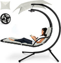 Best Choice Products Hanging LED-Lit Curved Chaise Lounge Chair Swing for Backyard, Patio, Lawn w/ 3 Light Settings, Weather-Resistant Pillow, Removable Canopy Shade, Steel Stand - Ivory
