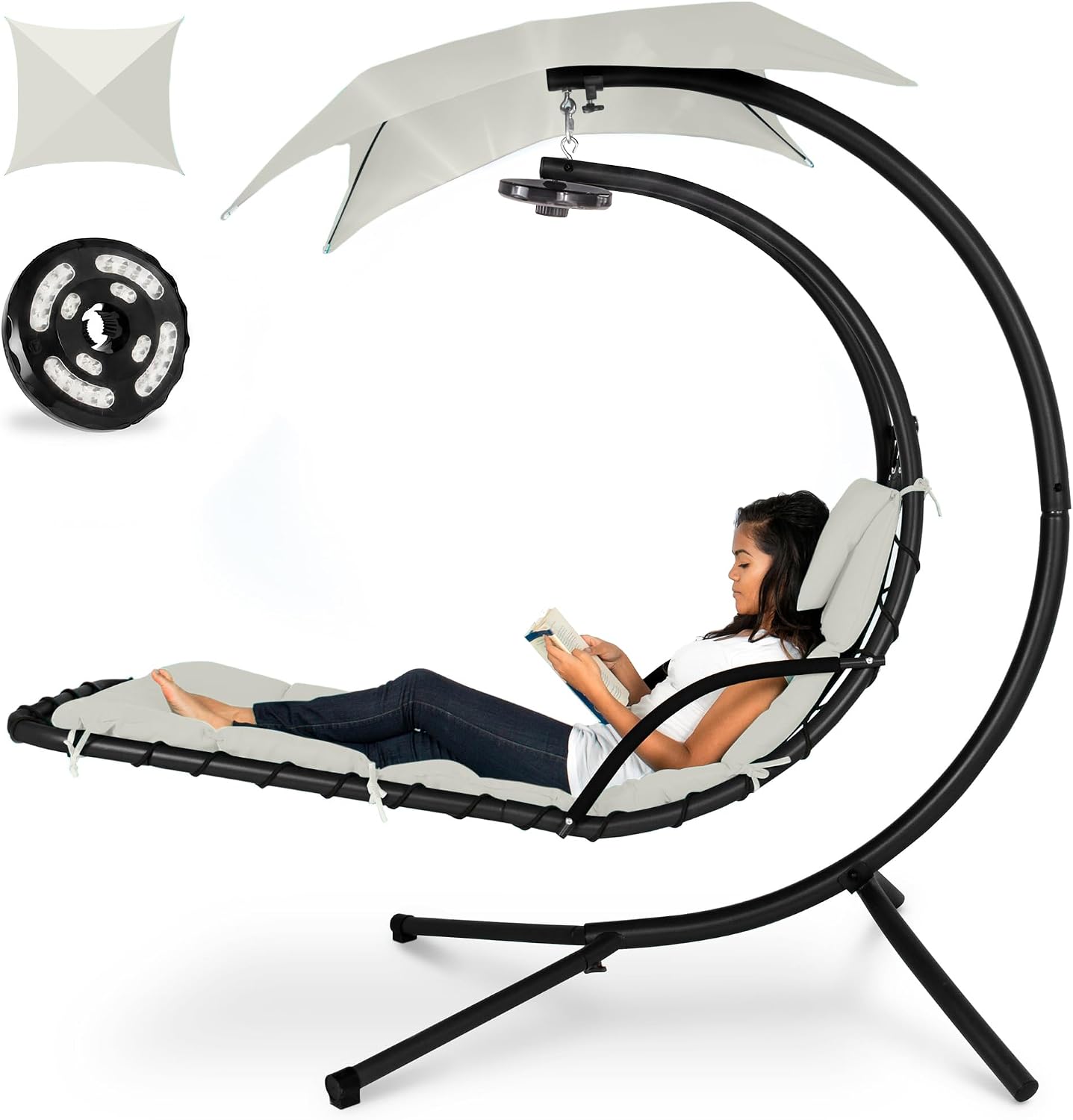 Best Choice Products Hanging LED-Lit Curved Chaise Lounge Chair Swing for Backyard, Patio, Lawn w/ 3 Light Settings, Weather-Resistant Pillow, Removable Canopy Shade, Steel Stand - Ivory