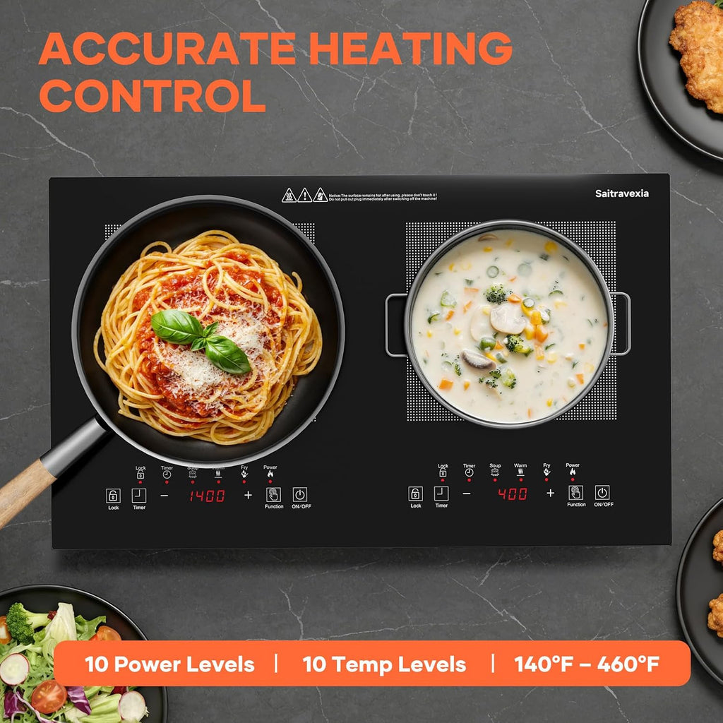Double Induction Cooktop 1800W, Portable 2 Burner Electric Cooktop with Full Touch Control, 10 Power Levels, 4-Hour Timer, Safety Lock, 110-120V