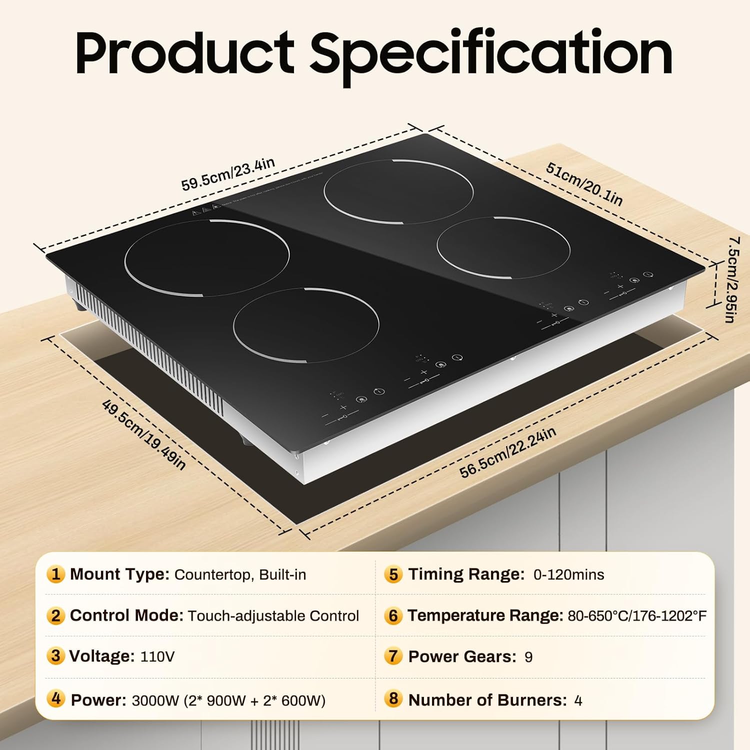 23' Electric Hot Plate Countertop Cooktop 4 Burner 3000W Plug in Electric Stovetop Cooktop for Home/RV/Camp, Compatible for All Cookwares, Black