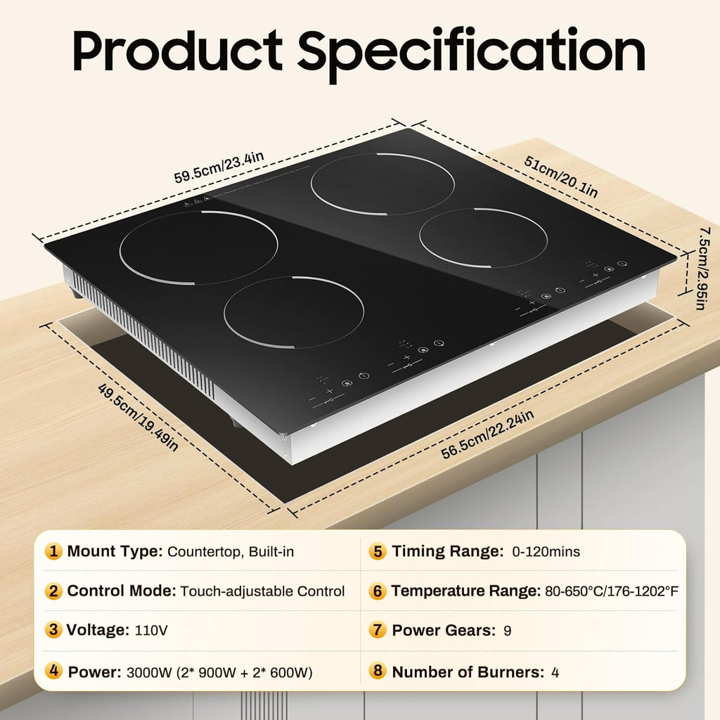 4 Burners Electric Ceramic Cooktop, 3000W 110V Built-in Radiant Stove Top with LED Display, 9 Heating Level and Kid Safety Lock, Sensor Touch Control (No Plug)