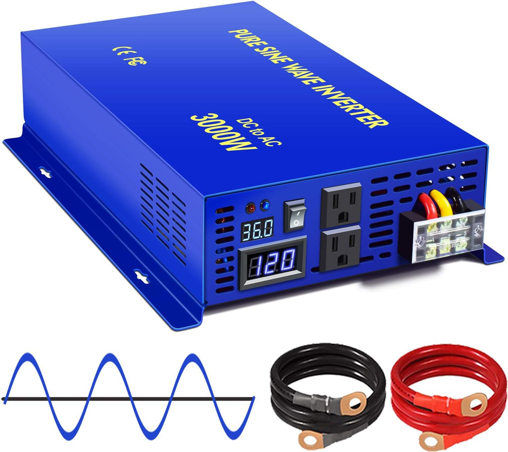 3000W Pure Sine Wave Inverter - 36V DC to AC 120V 110V Power Inverter Surge 6000w, Power Converter for Car Solar System, Off Grid Power System. (3000W36V)