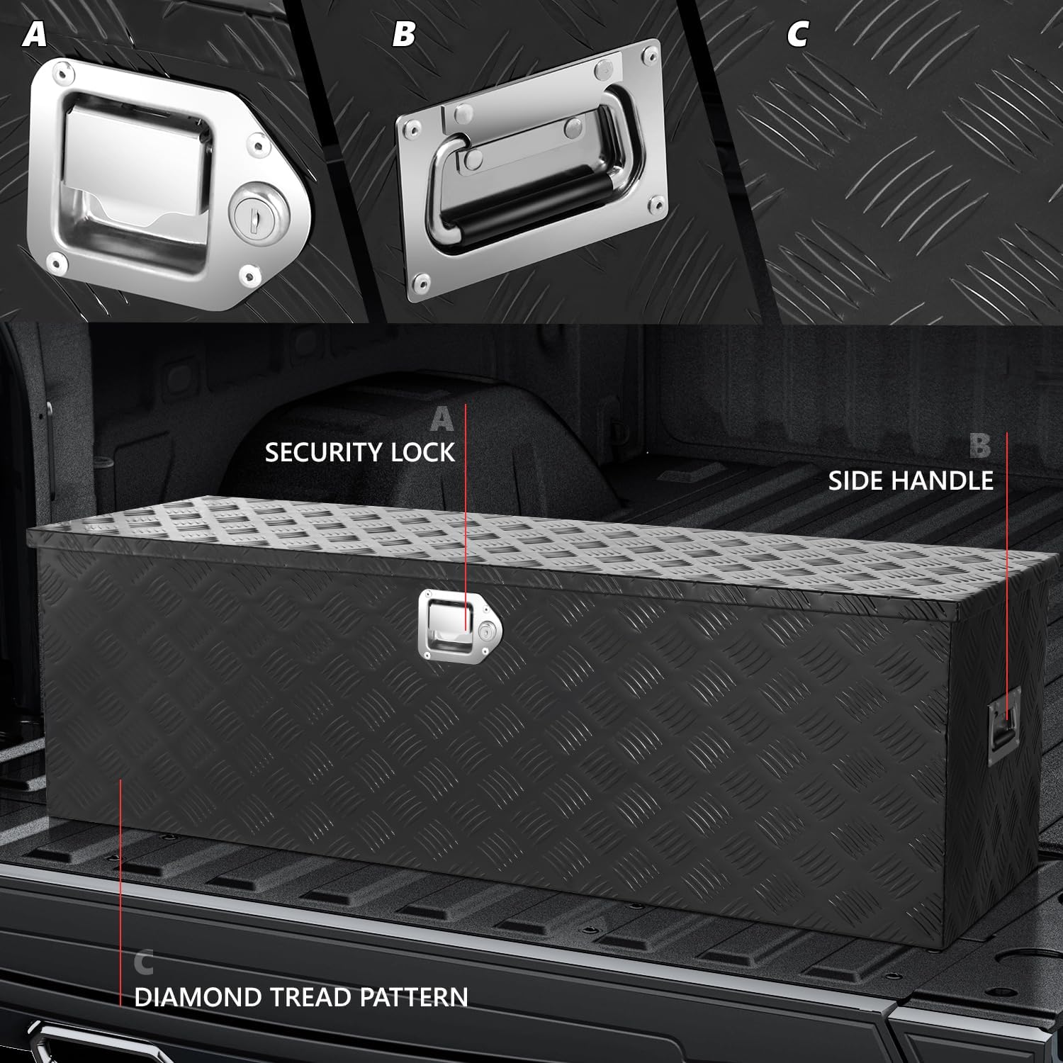 DNA MOTORING Truck Tool Box Lockable Storage Box, Truck Bed Tool Box Truck Bed Organizer Aluminum Truck Tool Boxes for Bed of Truck, w/Lock & Keys, 47'L X 15' W X 15' H Black, TBOX-T5-001-BK