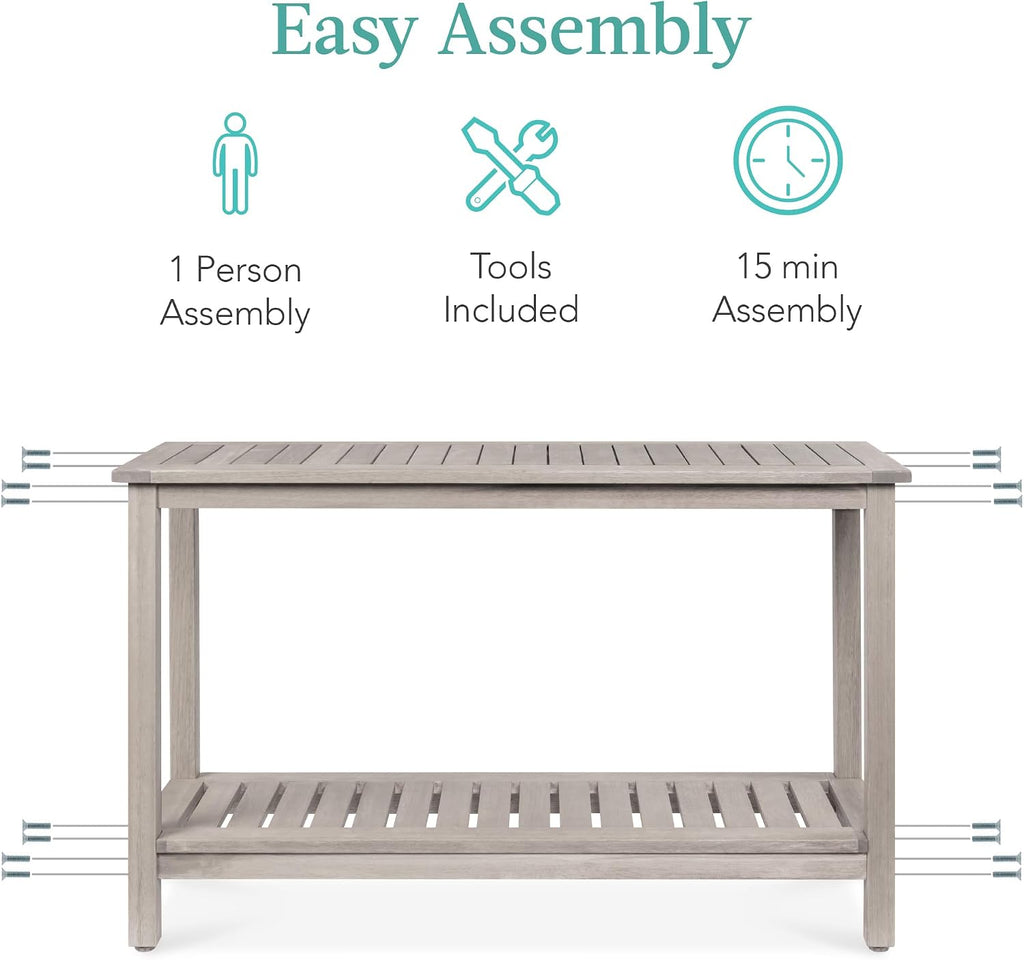 Best Choice Products 48in 2-Shelf Eucalyptus Wooden Console Table Indoor Outdoor Multifunctional Buffet Bar Storage Organizer w/Foot Sliders - Gray