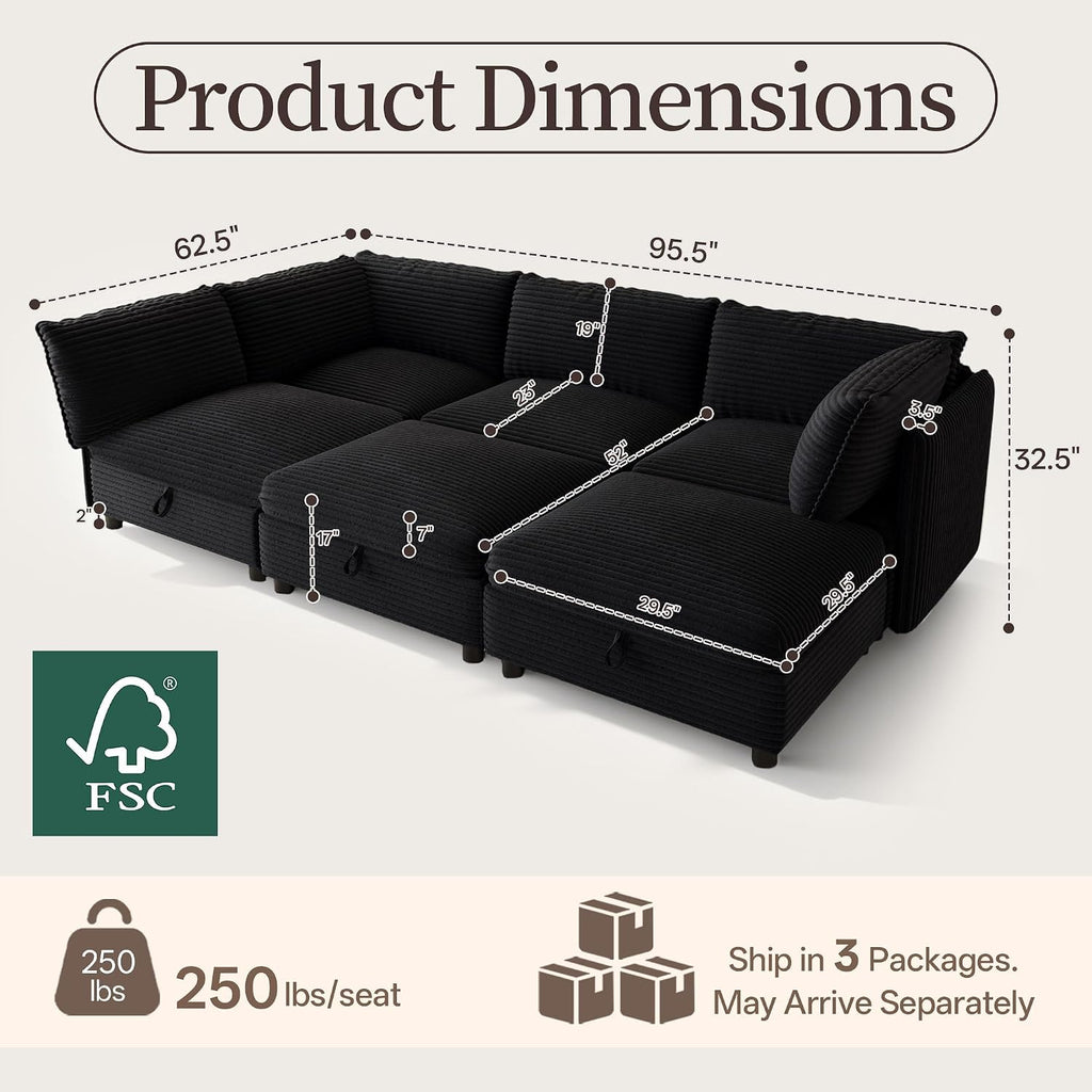 Oversized Corduroy Modular Sectional Sofa Bed with Hidden Storage, Convertible L U Sleeper Couch, 6-Seat Modular Sofa Free Combination with Ottoman & Removable Covers for Living Room, Black