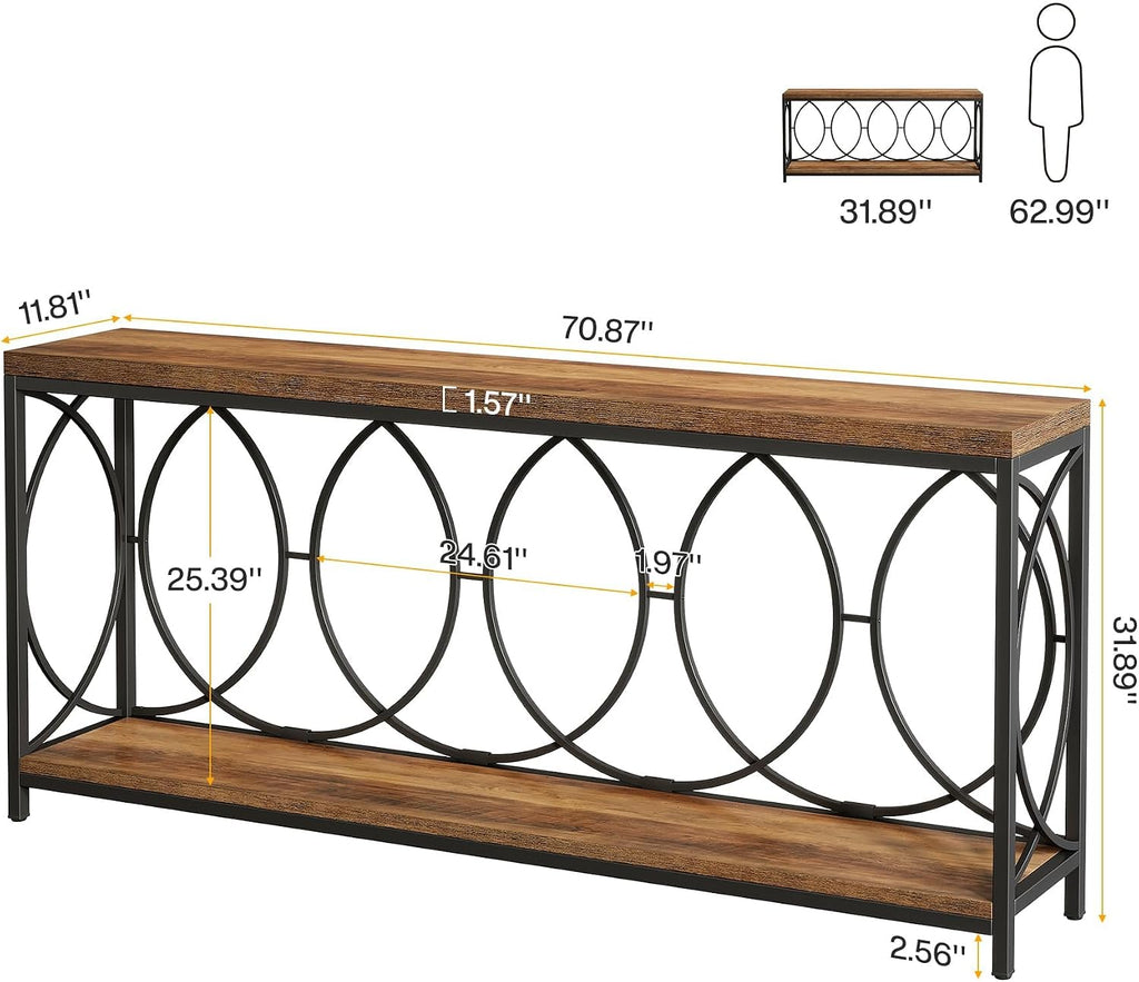 Tribesigns 70.9-Inch Extra Long Console Table, 2-Tier Industrial Table Behind Couch with Storage Shelf, Narrow Entryway Console for Living Room, Entryway, Hallway, Rustic Brown