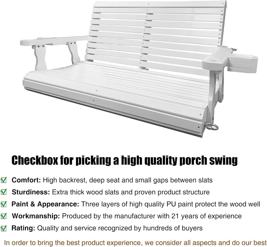 Wooden Porch Swing 2-Seater, Bench Swing with Cupholders, Hanging Chains and 7mm Springs, Heavy Duty 800 LBS, for Outdoor Patio Garden, Pure White, 4 FT Extra Large