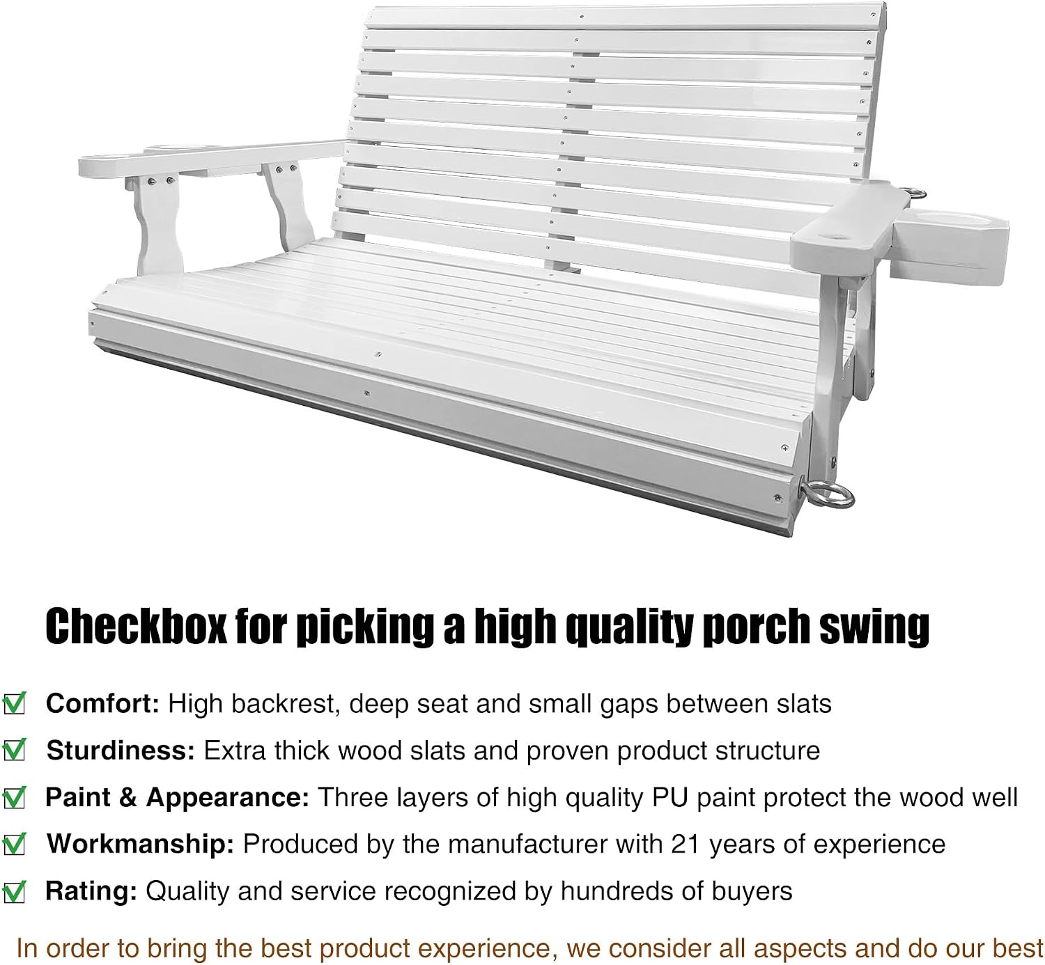 Wooden Porch Swing 2-Seater, Bench Swing with Cupholders, Hanging Chains and 7mm Springs, Heavy Duty 800 LBS, for Outdoor Patio Garden, Pure White, 4 FT Extra Large