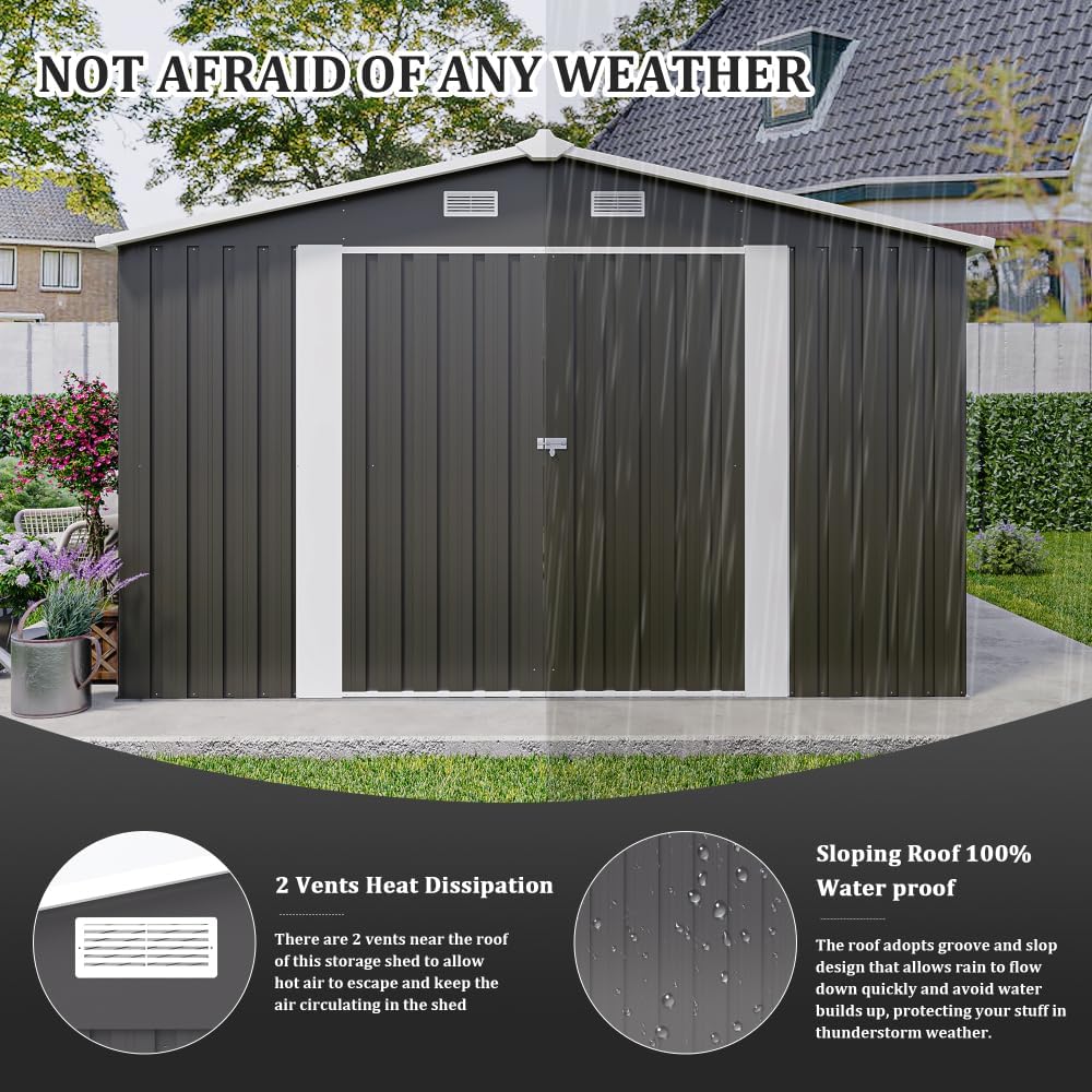 10x14FT Metal Garden Shed - Lockable Outdoor Storage Shed, Heavy-Duty Storage Sheds for Backyard Patio, Sheds & Outdoor Storage (Dark Gray)