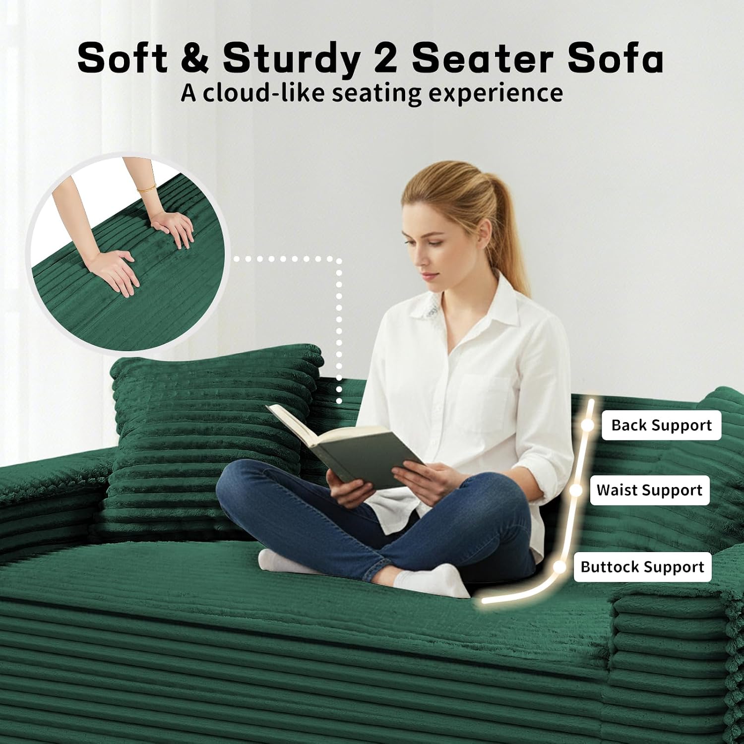3 Seater Sofa Couch for Living Room (Green, 38' D + 2 Pillows)