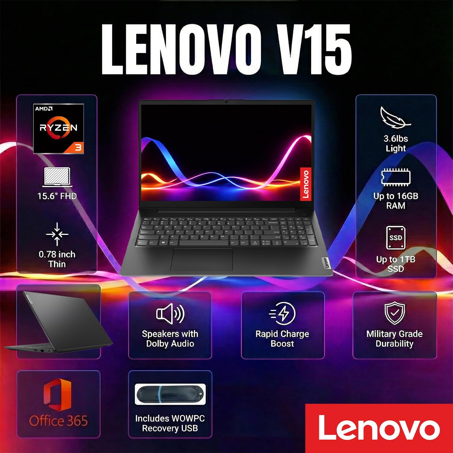 Lenovo 2026 V15 Laptop for Student & Business, AMD 7000 Series Ryzen CPU (Beats Intel i7-1160G7), 15.6' FHD IPS Display, 16GB RAM, 512GB SSD, Ethernet Port RJ-45, Windows 11 Pro, WOWPC USB, No Mouse